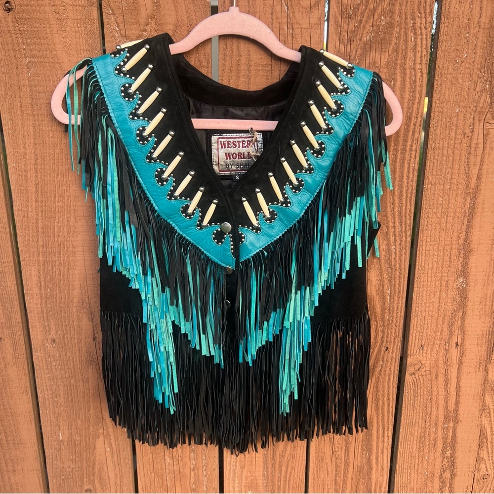Vintage Western Suede Fringe Beaded Vest/Top, Western World by Shaf, S